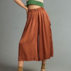 Anthropologie Silky Pleated Culottes Pants Size S Bronze Wide Leg Cargo Pockets